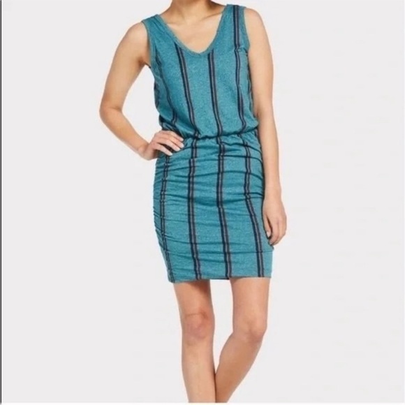 Sundry Dresses & Skirts - Sundry NEW Teal Stripe Scrunch Dress Sleeveless V-Neck Size 2 = Medium 8/10